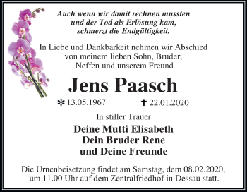 Traueranzeige von Jens Paasch von Mitteldeutsche Zeitung Dessau-Roßlau