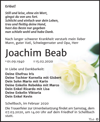 Traueranzeige von Joachim Beab von Super Sonntag Zeitz