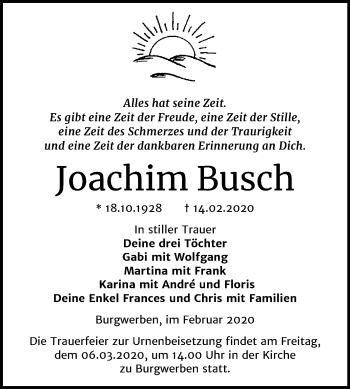 Traueranzeige von Joachim Busch von Wochenspiegel Weißenfels