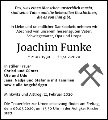 Traueranzeige von Joachim Funke von Super Sonntag Zeitz