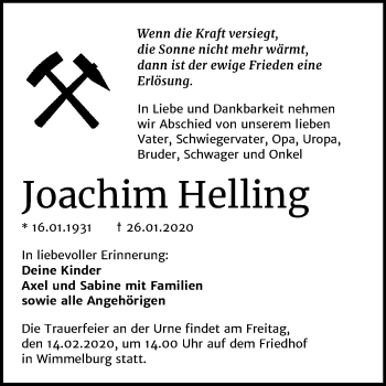 Traueranzeige von Joachim Helling von Super Sonntag Mansfelder Land