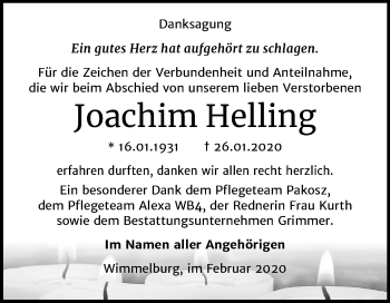 Traueranzeige von Joachim Helling von Super Sonntag Mansfelder Land