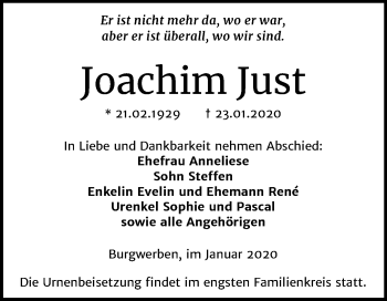 Traueranzeige von Joachim Just von Wochenspiegel Weißenfels