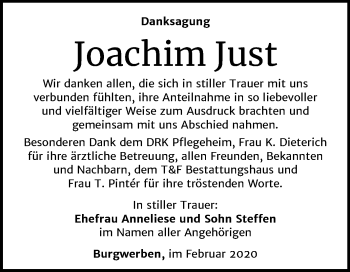 Traueranzeige von Joachim Just von Mitteldeutsche Zeitung Weißenfels