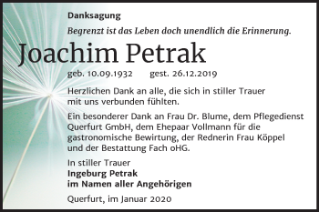 Traueranzeige von Joachim Petrak von Super Sonntag Merseburg/Querfurt