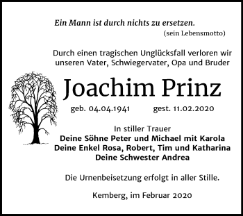 Traueranzeige von Joachim Prinz von Mitteldeutsche Zeitung Wittenberg