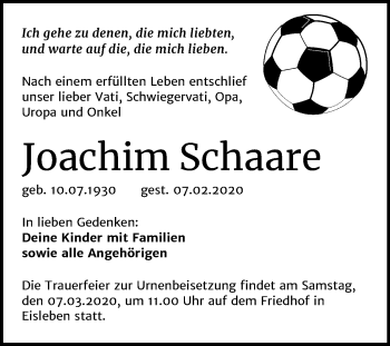Traueranzeige von Joachim Schaare von Super Sonntag Mansfelder Land