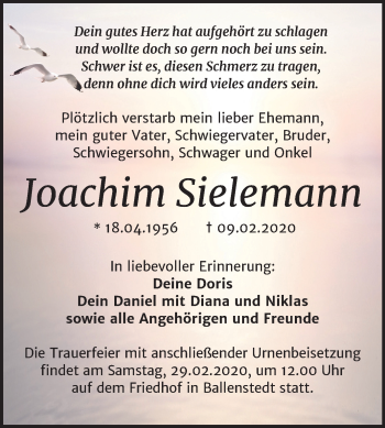 Traueranzeige von Joachim Sielemann von Super Sonntag Quedlinburg