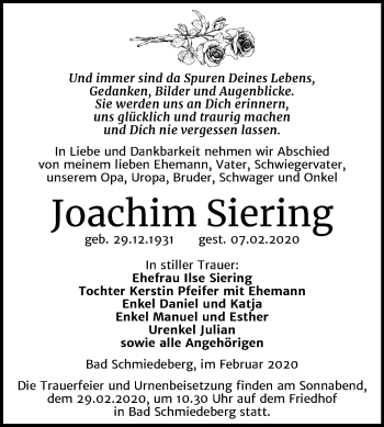 Traueranzeige von Joachim Siering von Super Sonntag Mansfelder Land