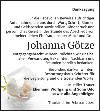 Traueranzeige von Johanna Götze von Mitteldeutsche Zeitung Bitterfeld