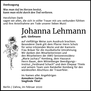 Traueranzeige von Johanna Lehmann von Super Sonntag Wittenberg