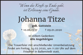 Traueranzeige von Johanna Titze von Super Sonntag Quedlinburg