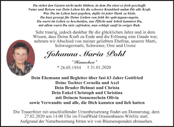 Traueranzeige von Johanna Maria Pohl von Mitteldeutsche Zeitung Dessau-Roßlau