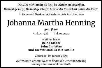 Traueranzeige von Johanna Martha Henning von Mitteldeutsche Zeitung Quedlinburg