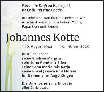 Traueranzeige von Johannes Kotte von Mitteldeutsche Zeitung Naumburg/Nebra
