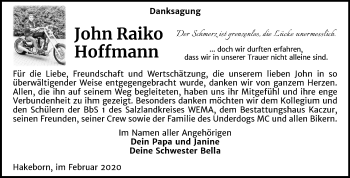 Traueranzeige von John Raiko Hoffmann von Mitteldeutsche Zeitung Bernburg