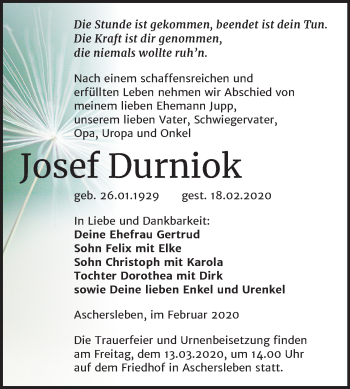 Traueranzeige von Josef Durniok von Wochenspiegel Aschersleben