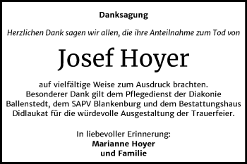 Traueranzeige von Josef Hoyer von Mitteldeutsche Zeitung Quedlinburg