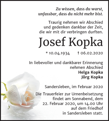 Traueranzeige von Josef Kopka von Super Sonntag Mansfelder Land