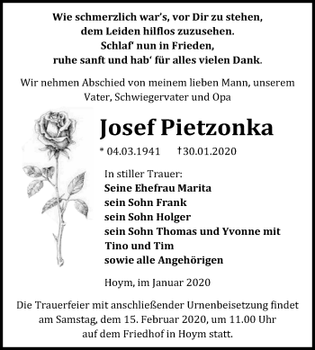 Traueranzeige von Josef Pietzonka von Mitteldeutsche Zeitung Aschersleben