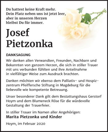 Traueranzeige von Josef Pietzonka von Super Sonntag Aschersleben
