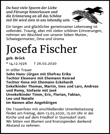 Traueranzeige von Josefa Fischer von Mitteldeutsche Zeitung Bitterfeld