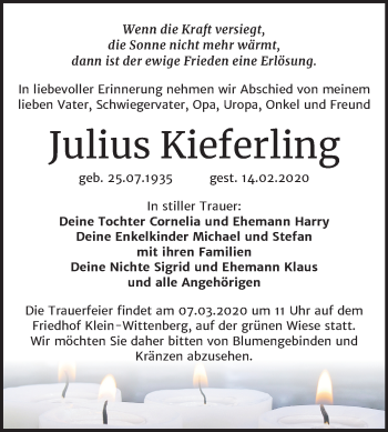Traueranzeige von Julius Kieferling von Mitteldeutsche Zeitung Wittenberg