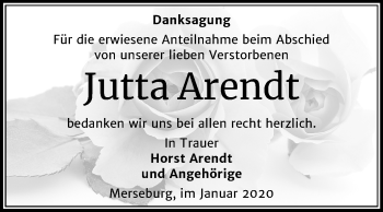 Traueranzeige von Jutta Arendt von Mitteldeutsche Zeitung Merseburg/Querfurt
