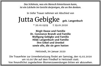 Traueranzeige von Jutta Gebigke von Mitteldeutsche Zeitung Mansfelder Land
