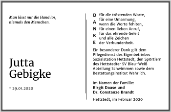 Traueranzeige von Jutta Gebigke von Super Sonntag Mansfelder Land