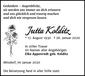 Traueranzeige von Jutta Kolditz von Wochenspiegel Mansfelder Land