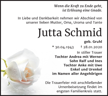 Traueranzeige von Jutta Schmid von Super Sonntag Wittenberg