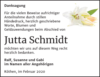 Traueranzeige von Jutta Schmidt von Mitteldeutsche Zeitung Köthen