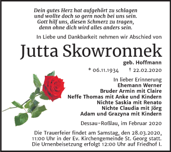 Traueranzeige von Jutta Skowronnek von Mitteldeutsche Zeitung Dessau-Roßlau