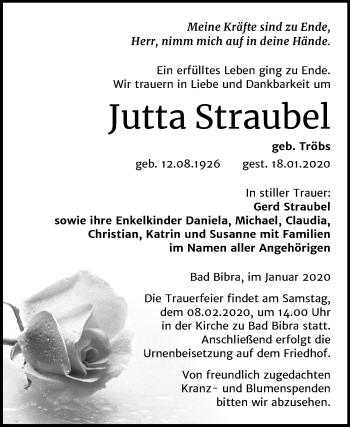Traueranzeige von Jutta Straubel von Mitteldeutsche Zeitung Naumburg/Nebra
