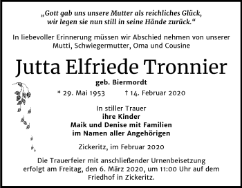 Traueranzeige von Jutta Elfriede Tronnier von Mitteldeutsche Zeitung Bernburg
