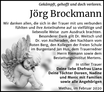 Traueranzeige von Jörg Brockmann von Wochenspiegel Naumburg/Nebra