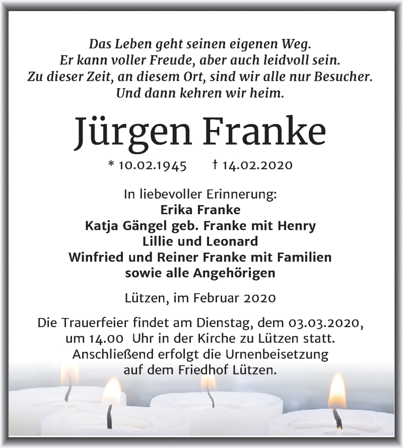  Traueranzeige für Jürgen Franke vom 22.02.2020 aus Mitteldeutsche Zeitung Weißenfels