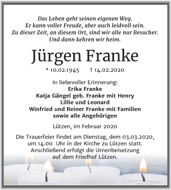 Traueranzeige von Jürgen Franke von Mitteldeutsche Zeitung Weißenfels