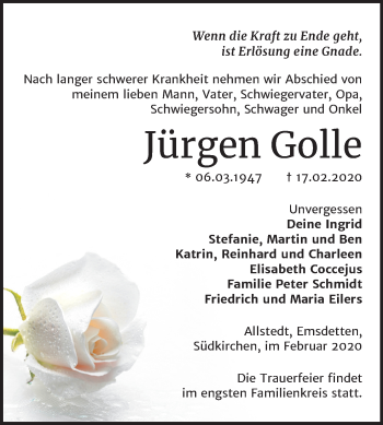 Traueranzeige von Jürgen Golle von Mitteldeutsche Zeitung Sangerhausen