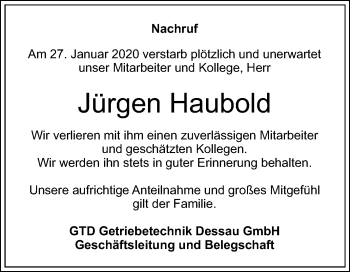 Traueranzeige von Jürgen Haubold von Mitteldeutsche Zeitung Dessau-Roßlau