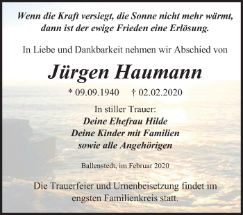 Traueranzeige von Jürgen Haumann von Super Sonntag Quedlinburg
