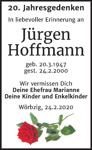 Traueranzeige von Jürgen Hoffmann von Mitteldeutsche Zeitung Köthen