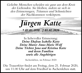 Traueranzeige von Jürgen Katte von Mitteldeutsche Zeitung Aschersleben