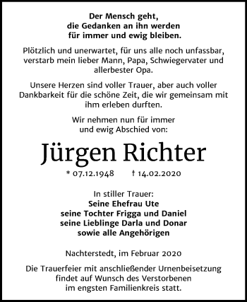 Traueranzeige von Jürgen Richter von Mitteldeutsche Zeitung Aschersleben