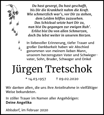 Traueranzeige von Jürgen Tretschok von Mitteldeutsche Zeitung Mansfelder Land