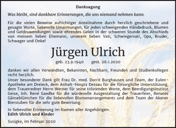 Traueranzeige von Jürgen Ulrich von Mitteldeutsche Zeitung Köthen