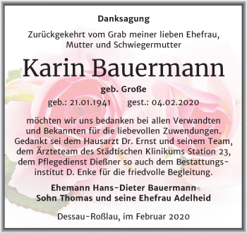 Traueranzeige von Karin Bauermann von Super Sonntag Dessau-Roßlau