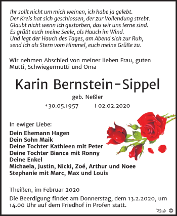 Traueranzeige von Karin Bernstein-Sippel von Super Sonntag Zeitz
