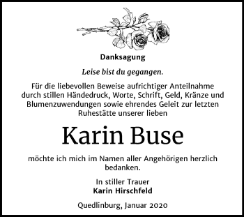 Traueranzeige von Karin Buse von Mitteldeutsche Zeitung Quedlinburg